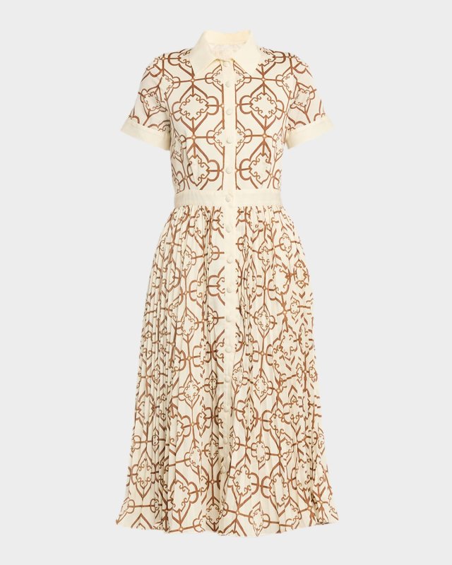 Billie Pleated Tile-Print Midi Shirtdress